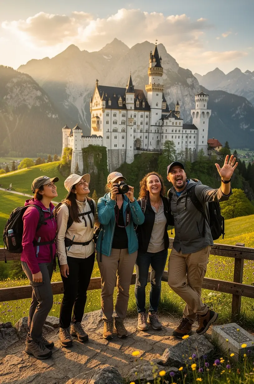 Detailaufnahme einer kunstvoll verzierten Schlossfassade aus Sandstein mit gotischen Elementen